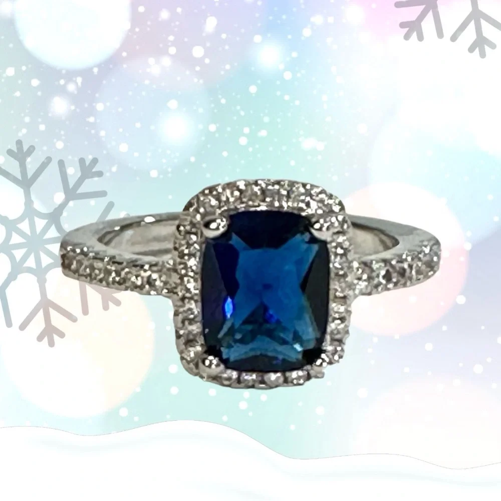 Tibetan Silver stamped .925 stimulated sapphire 6x8mm‎ zirconia halo 7.5 8 8